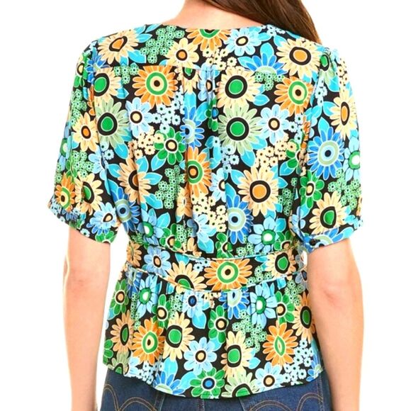 CAbi Happy Top 5900 Blouse Retro Short Sleeve Floral Button Peplum Green‎ Blue M - Picture 2 of 16